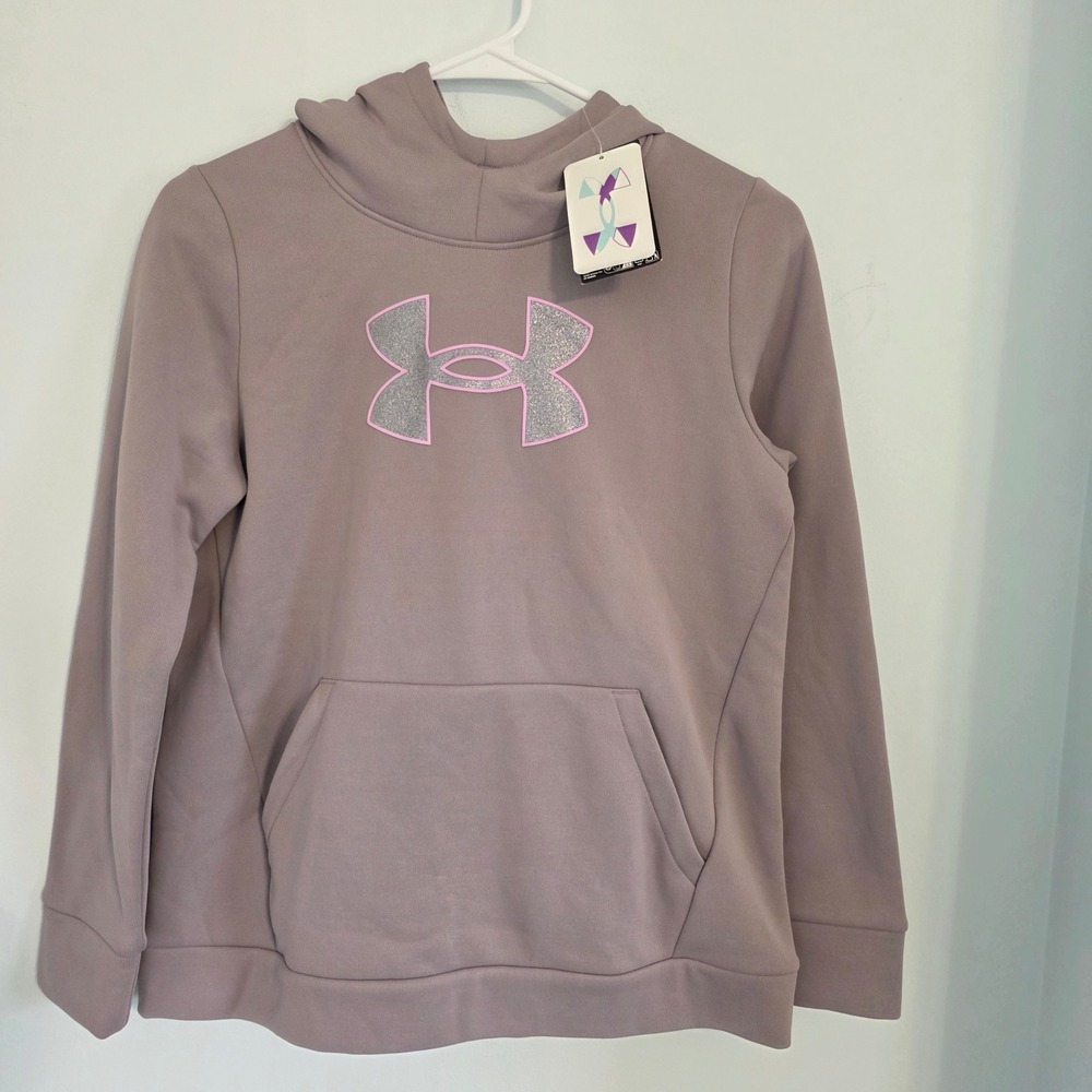 Under Armour Girls Armour Fleece Glitter Hoodie Mauve Taupe YL 6006496-015 NWT